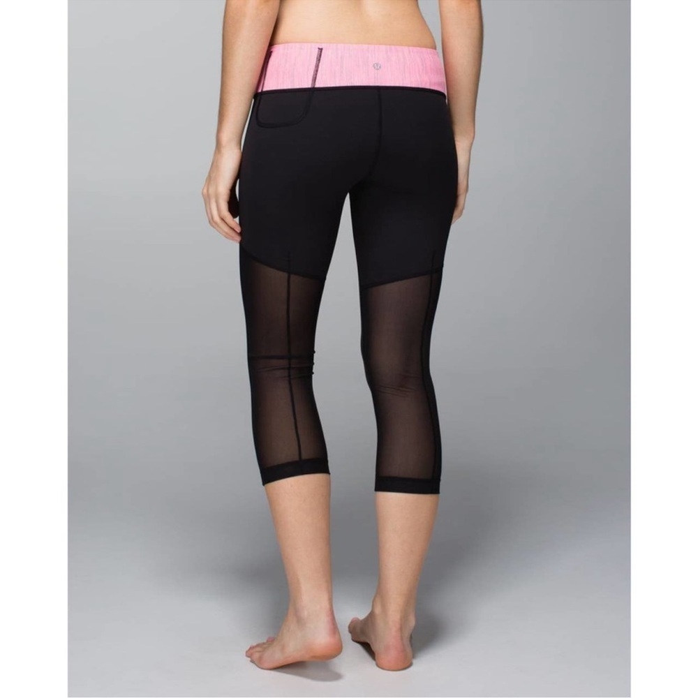 Lululemon Breathe Easy Crop Leggings 2 Black Pink Mid Rise Mesh Capri cropped
